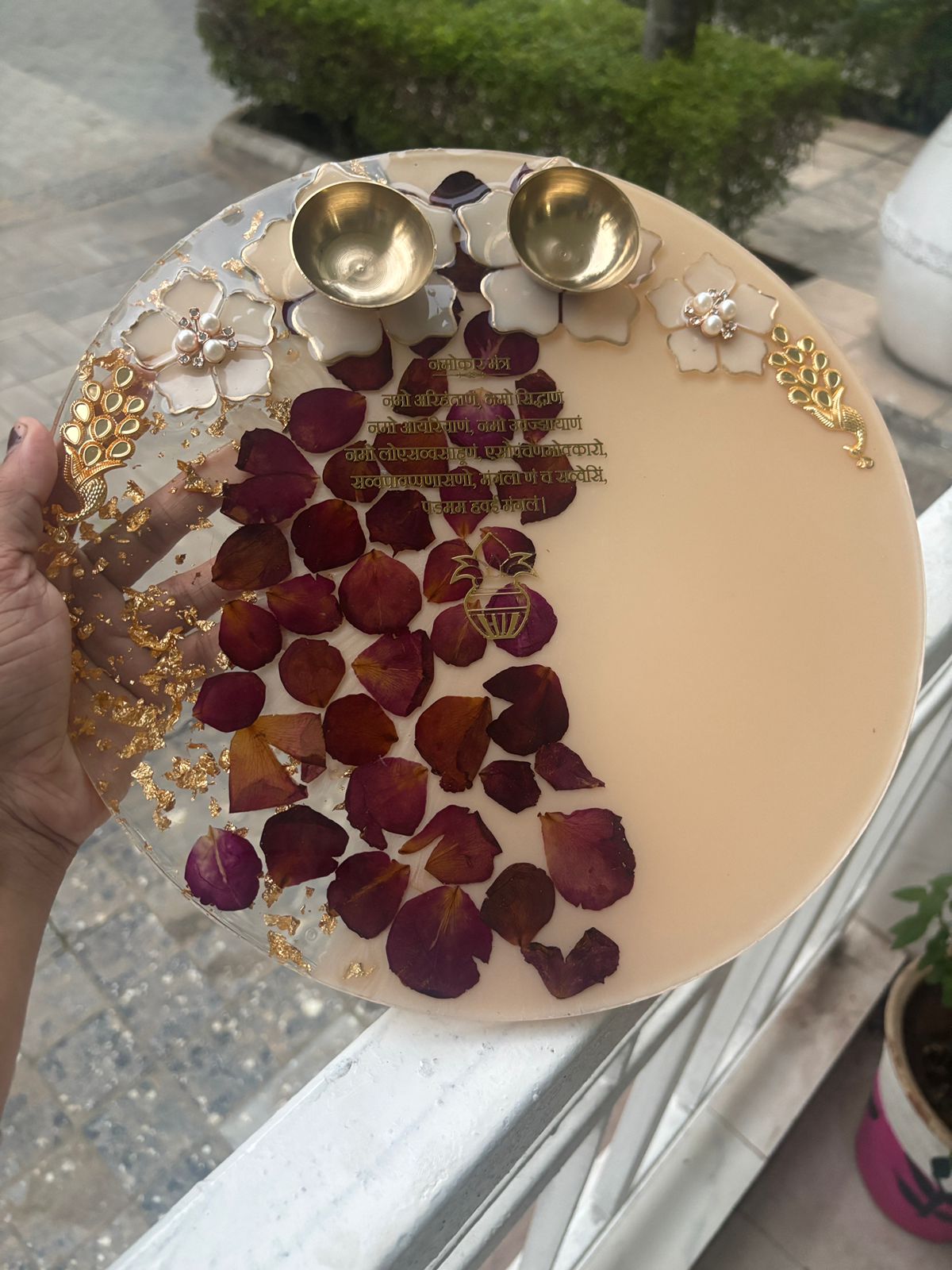 Handcrafted Resin Pooja Thali (Rose Petals) - Image 2