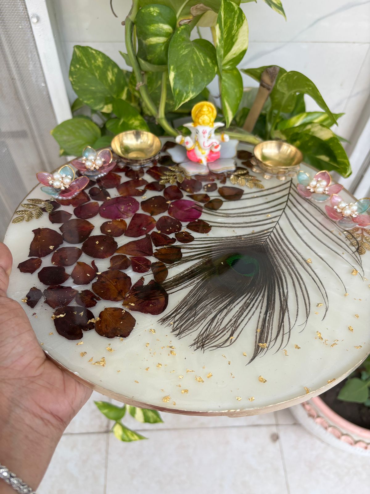 Handcrafted Resin Pooja Thali (Rose Petals) - Image 3