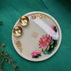 Handcrafted Luxury Lotus Resin Pooja Thali – 8 Inch